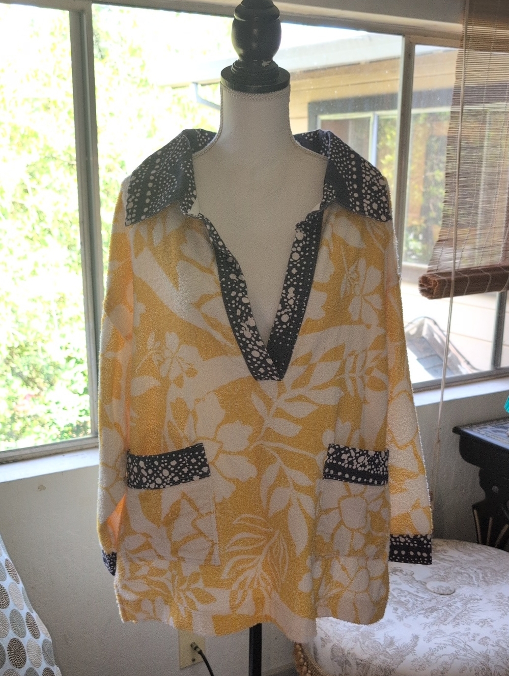 Free People Yellow Floral Pullover Coverup with Black Contrast Trim